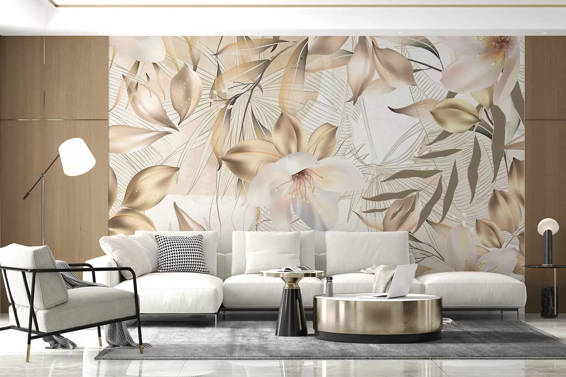 wall murals Jasmine flowers and leaves, soft colors, botanical illustration, floral background , elegant design, delicate petals w08977