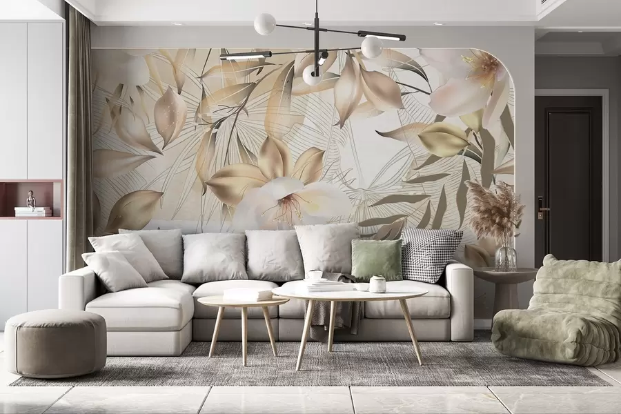 wall murals Jasmine flowers and leaves, soft colors, botanical illustration, floral background , elegant design, delicate petals w08977