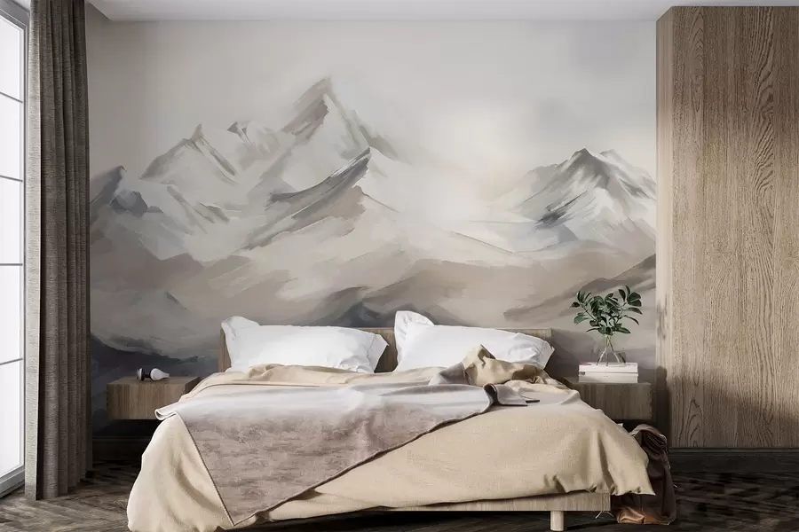 wall murals Mountains landscape with light sky, brush strokes, neutral beige and grey colors, mountain range w08980