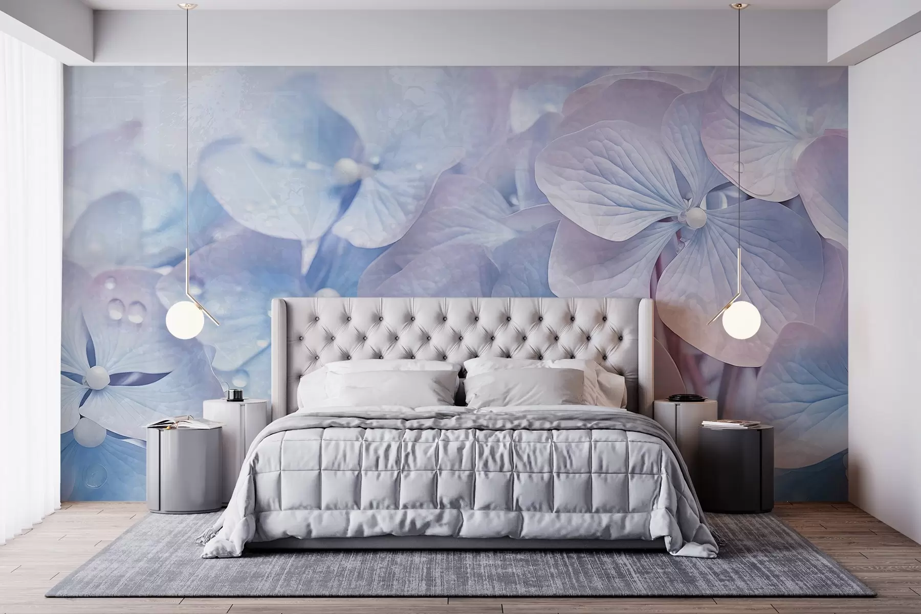 wall murals Vintage textured blue and pink hydrangea flowers with water droplets on the petals, blurred pink background w08981