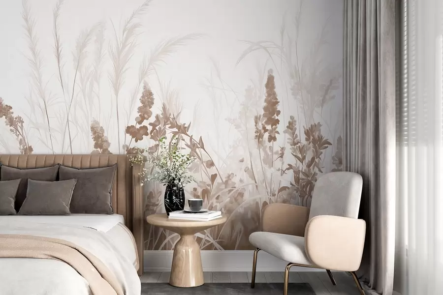 wall murals Brown flowers and beige reeds in a field, minimalistic painting texture, light background, soft colors, delicate brushstrokes w08982v1