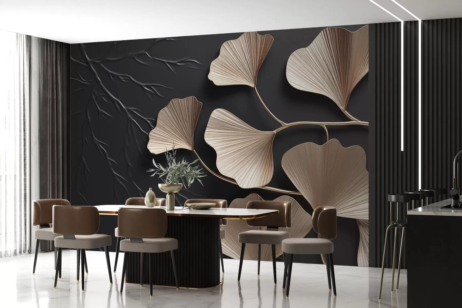 wall murals Volumetric foliage on a dark wall with branches w03650