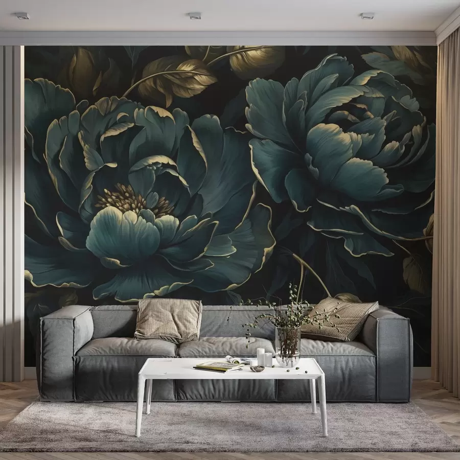 wall murals Blooming peony flowers on a dark background w03651