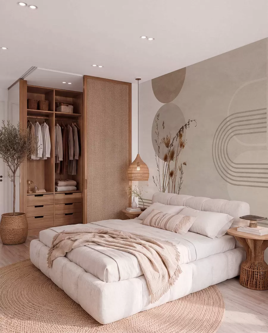 wall murals stylish geometry and dried flowers in beige tones w03449