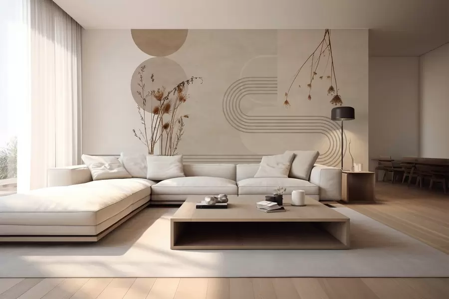 wall murals stylish geometry and dried flowers in beige tones w03449