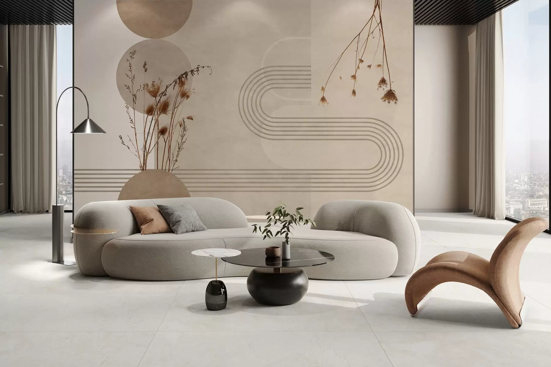 wall murals stylish geometry and dried flowers in beige tones w03449