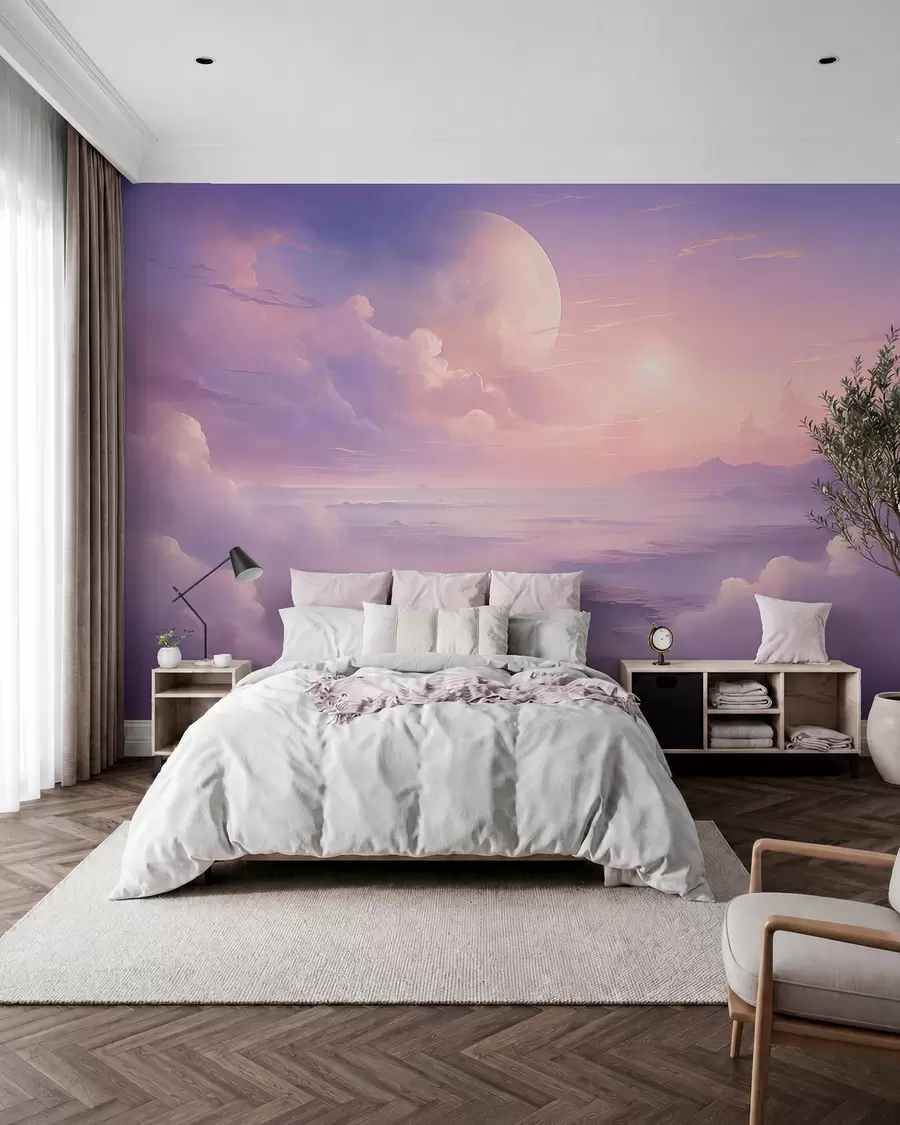 wall murals Magical purple-pink sky with the moon and clouds w08986