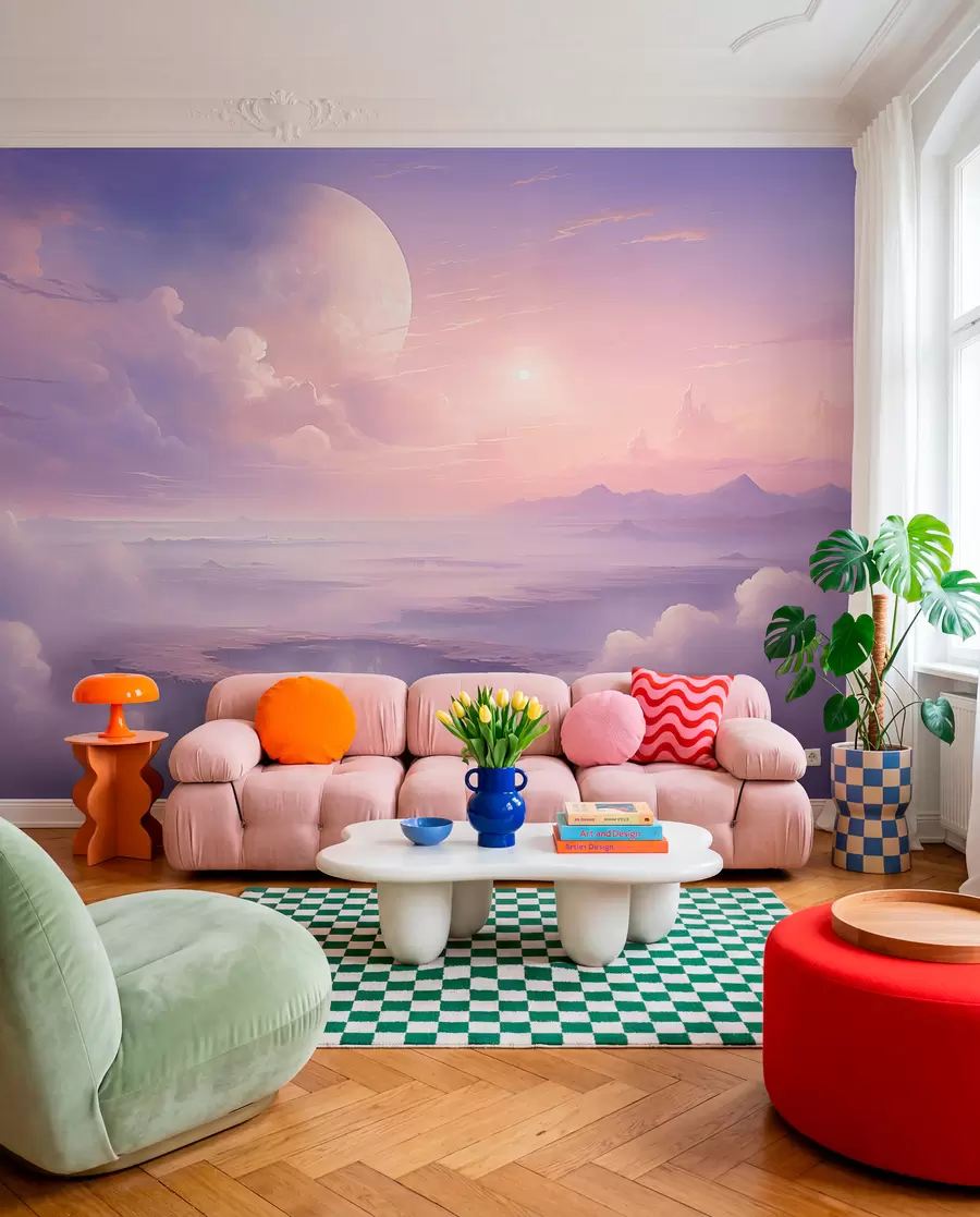 wall murals Magical purple-pink sky with the moon and clouds w08986