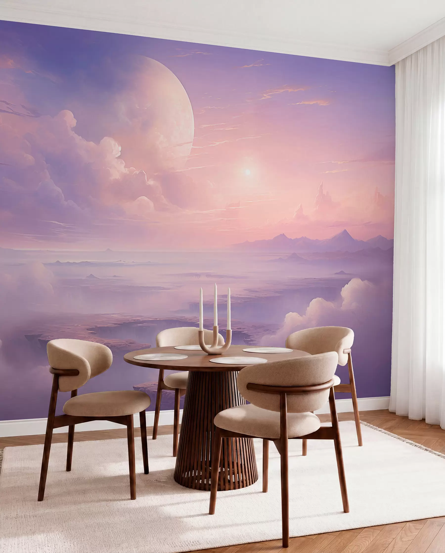 wall murals Magical purple-pink sky with the moon and clouds w08986
