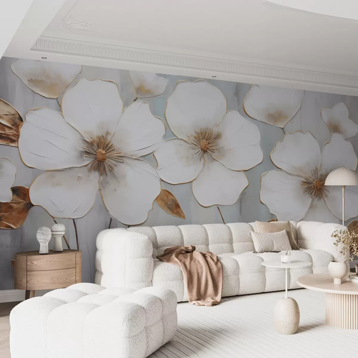 wall murals Large white flowers with yellow accent leaves on a gray background w08999