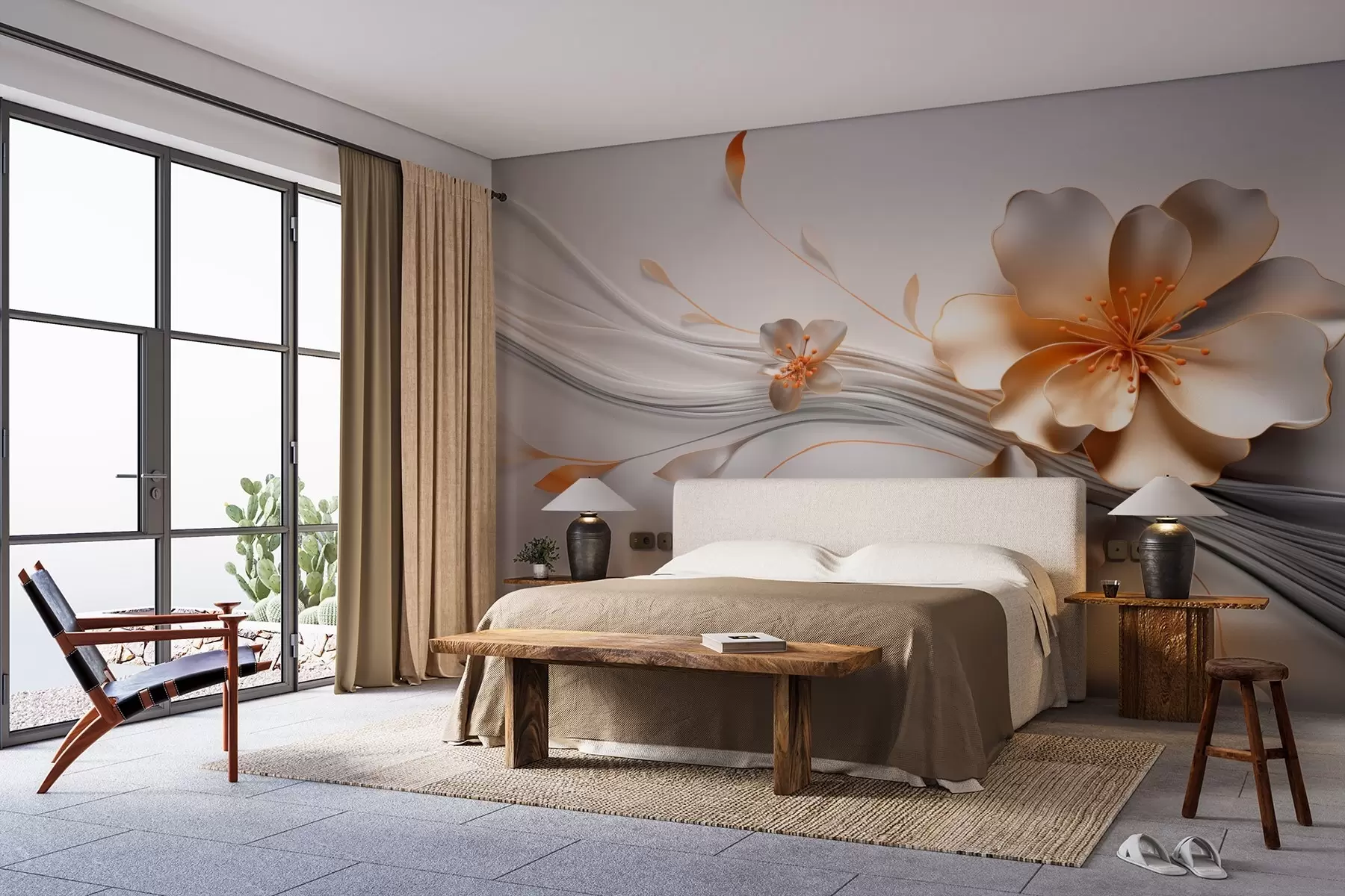 wall murals An orange flower on a gray abstract background w09004