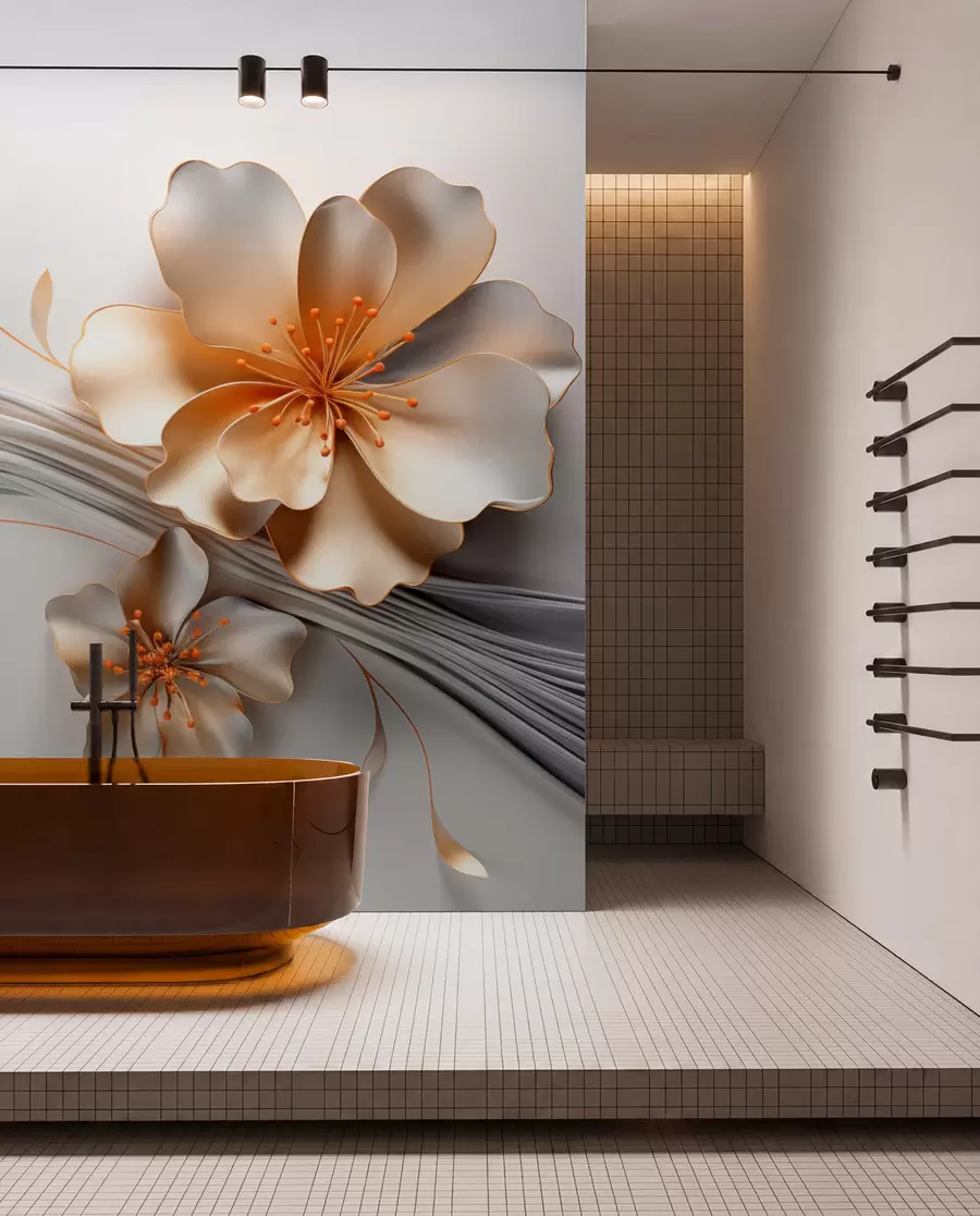 wall murals An orange flower on a gray abstract background w09004