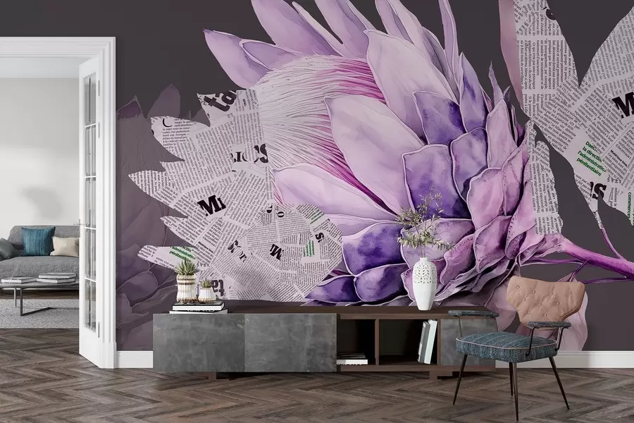 wall murals Protea flowers, newspaper art, floral, tropical, dark background, purple colors w03667v2