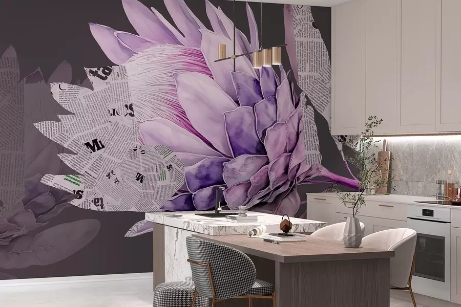 wall murals Protea flowers, newspaper art, floral, tropical, dark background, purple colors w03667v2