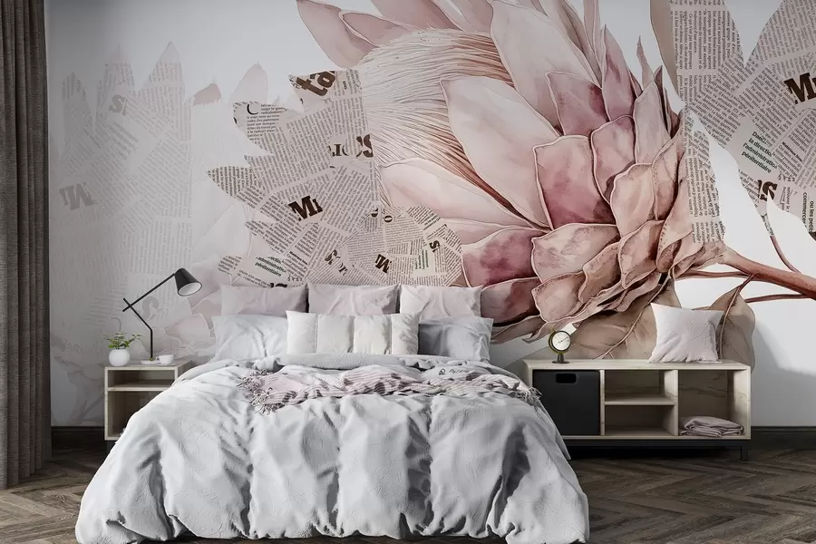 wall murals Protea flowers, newspaper art, floral, tropical, pastel beige colors w03667v4