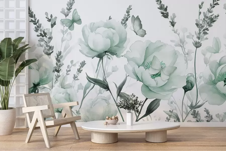 wall murals Flower meadow, peonies, lavender, butterflies, watercolor style, green colors w03668v1