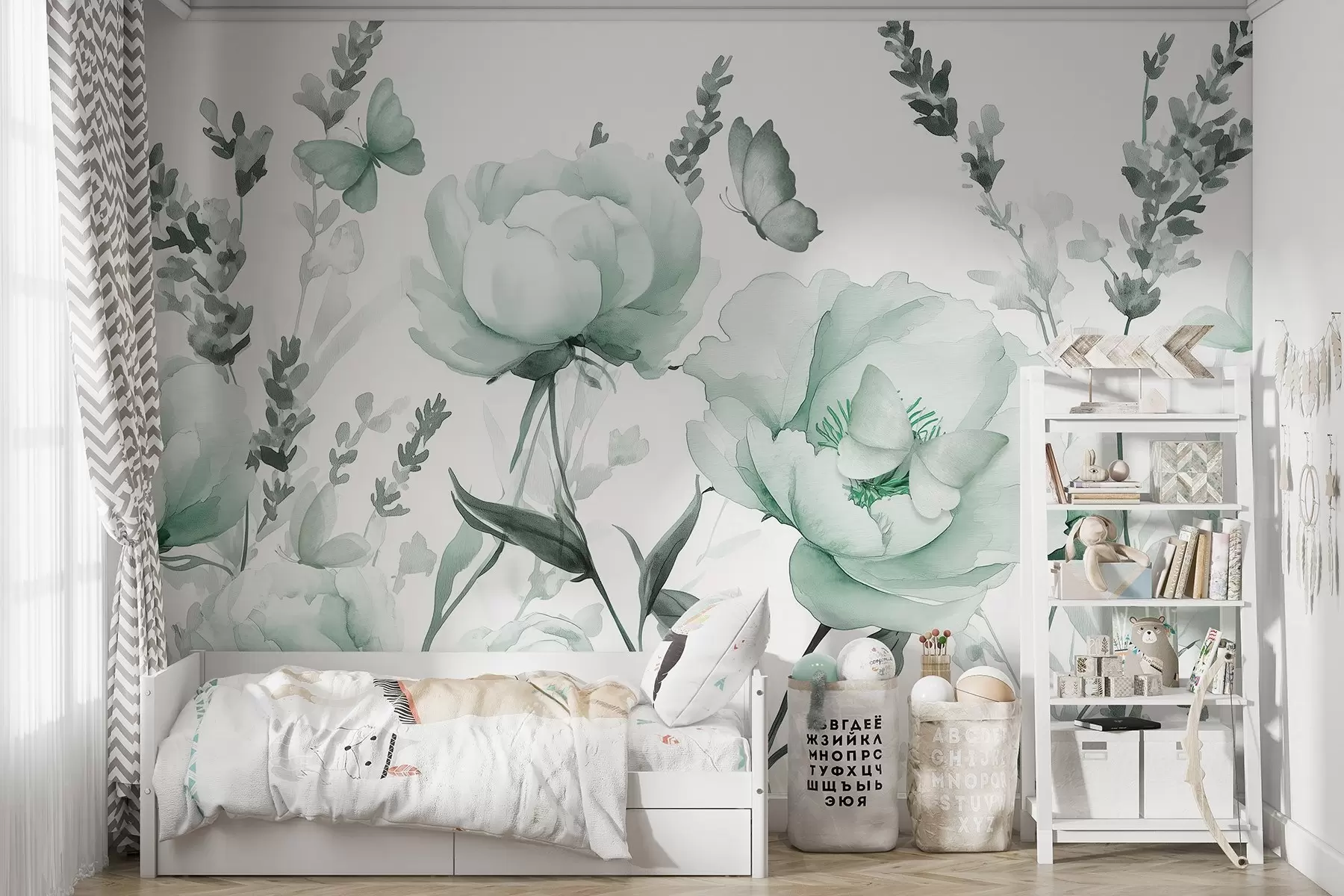 wall murals Flower meadow, peonies, lavender, butterflies, watercolor style, green colors w03668v1