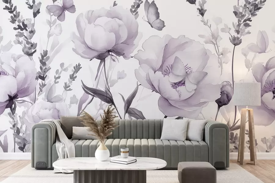 wall murals Flower meadow, peonies, lavender, butterflies, watercolor style, puple colors w03668v3