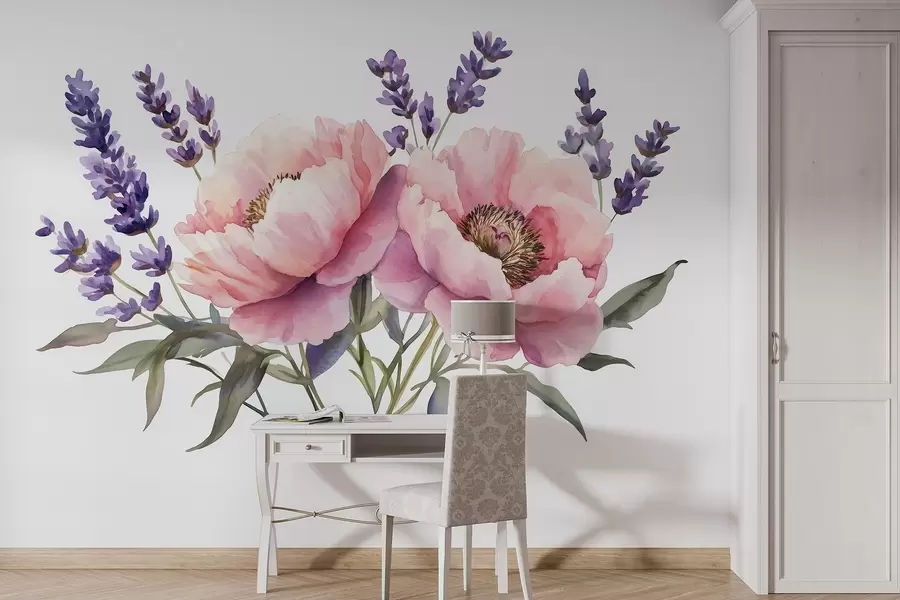 wall murals Watercolor style peonies, lavender, flowers, natural colors w03671