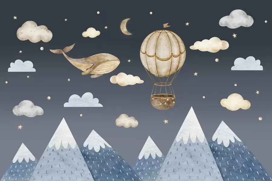 wall murals Air balloon, cute whale, dark starry sky, mountains, watercolor, blue and beige colors w03672v1