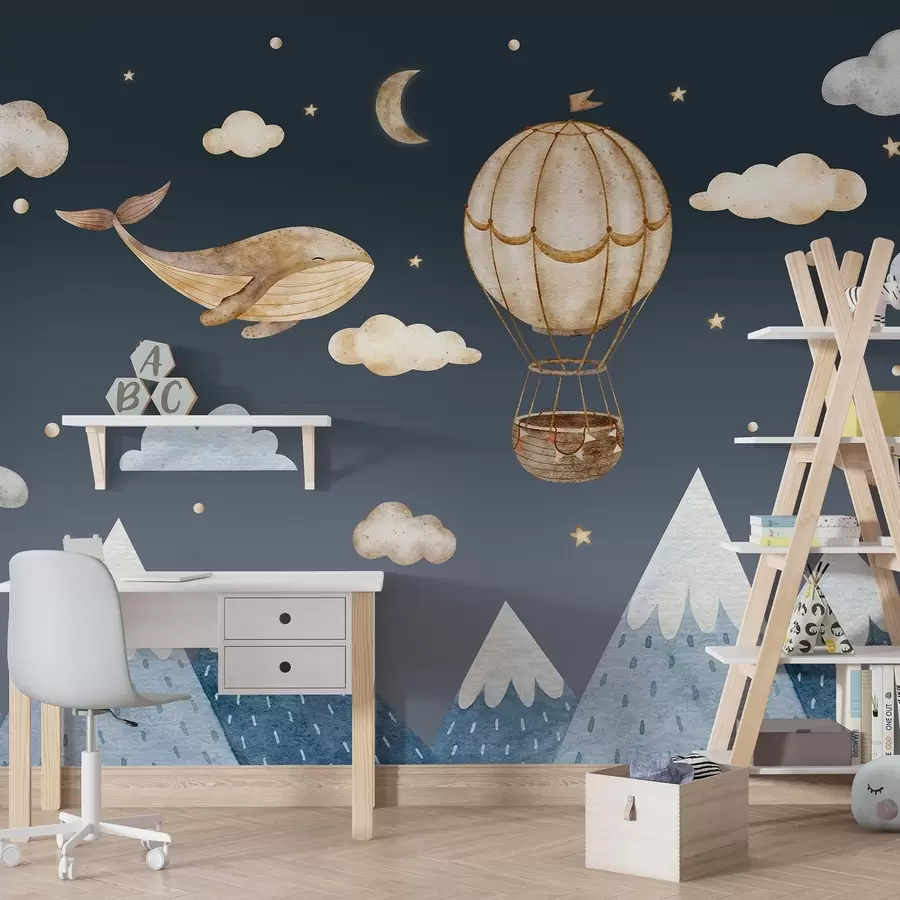 wall murals Air balloon, cute whale, dark starry sky, mountains, watercolor, blue and beige colors w03672v1