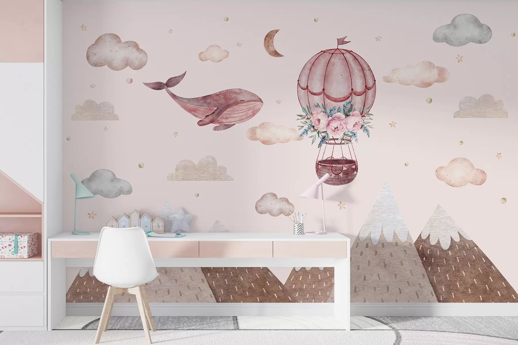 wall murals Cute whale with air balloon, sky with clouds, mountains, watercolor style, pink colors w03673