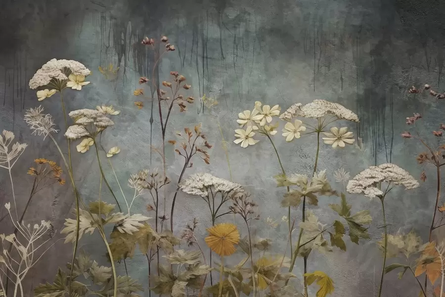 wall murals Wild flowers and grasses on the background of grunge wall w03697