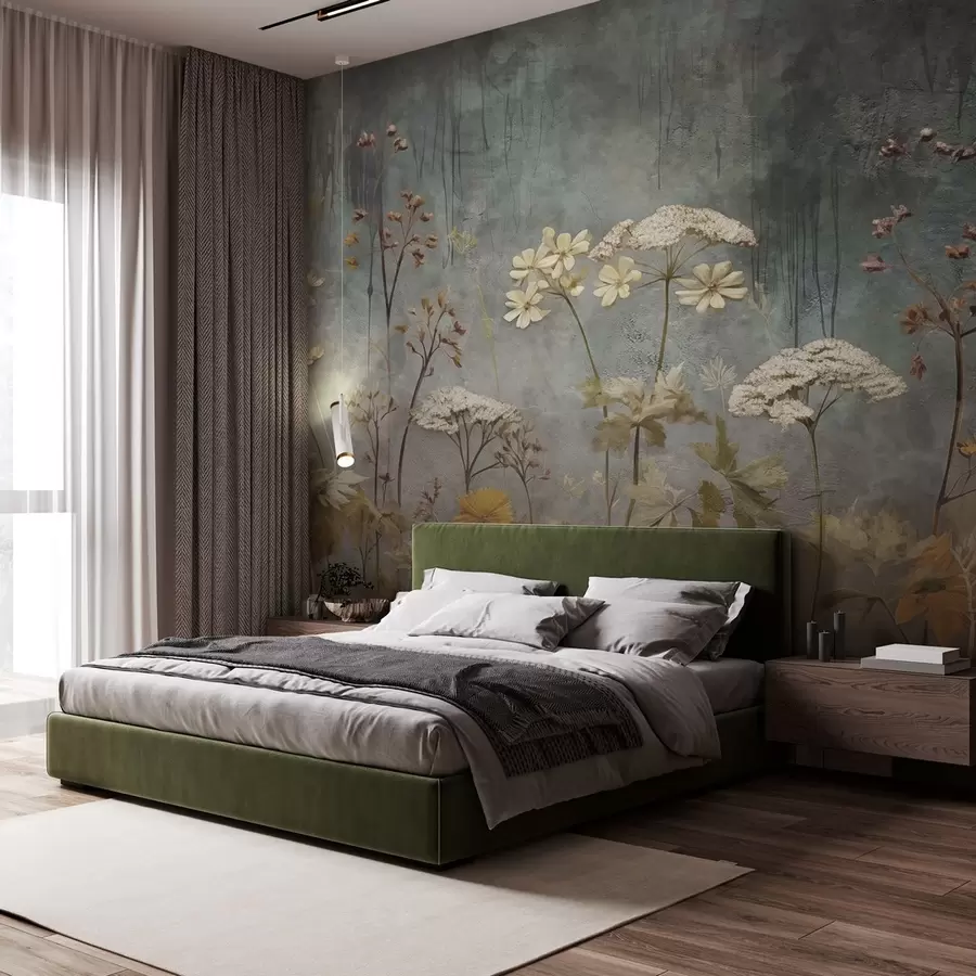 wall murals Wild flowers and grasses on the background of grunge wall w03697
