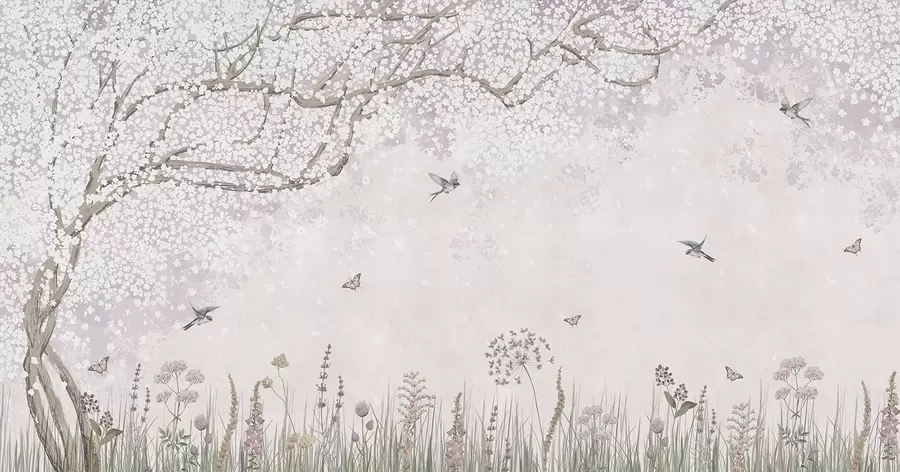 wall murals Blooming tree with wildflowers and birds w03700
