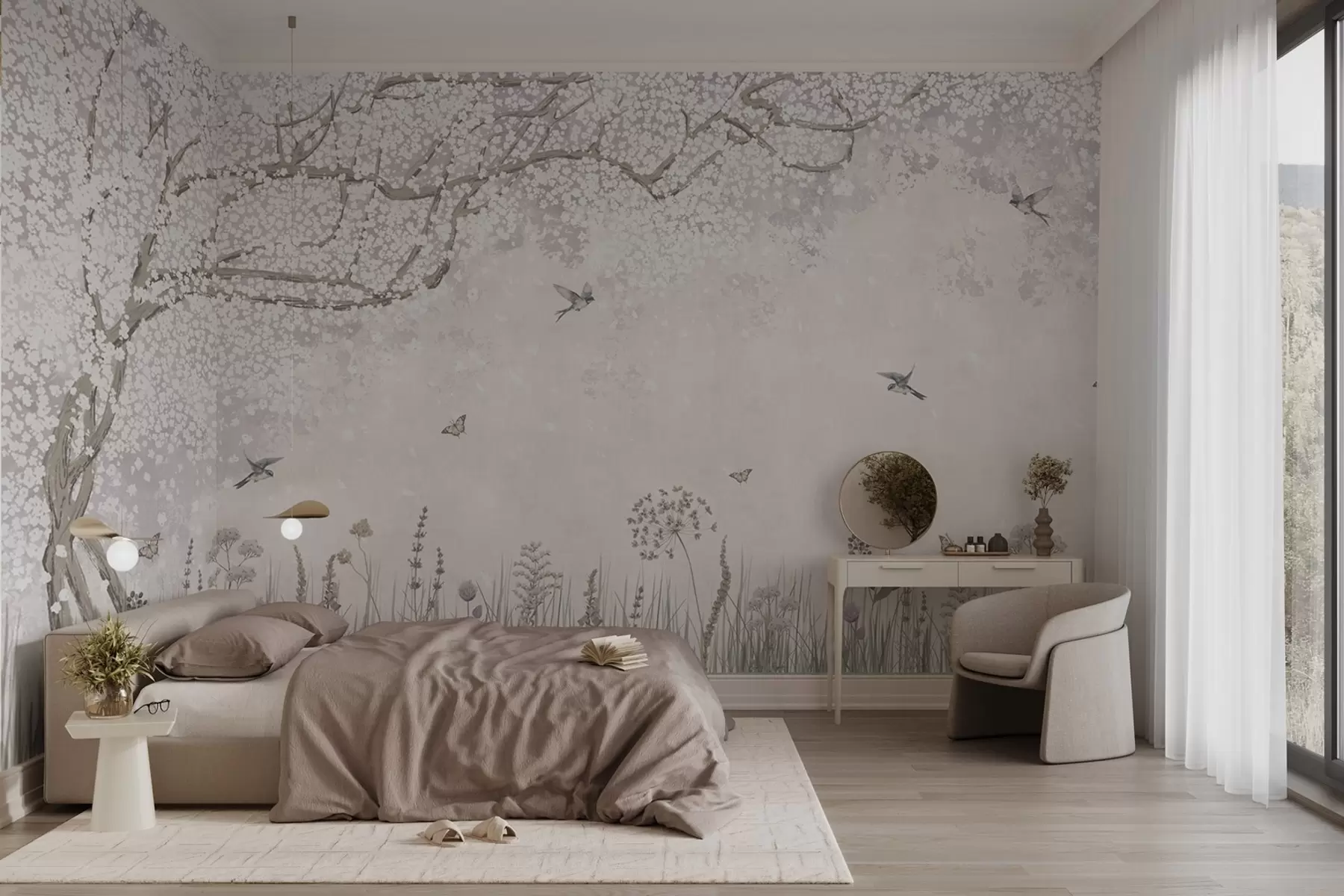 wall murals Blooming tree with wildflowers and birds w03700