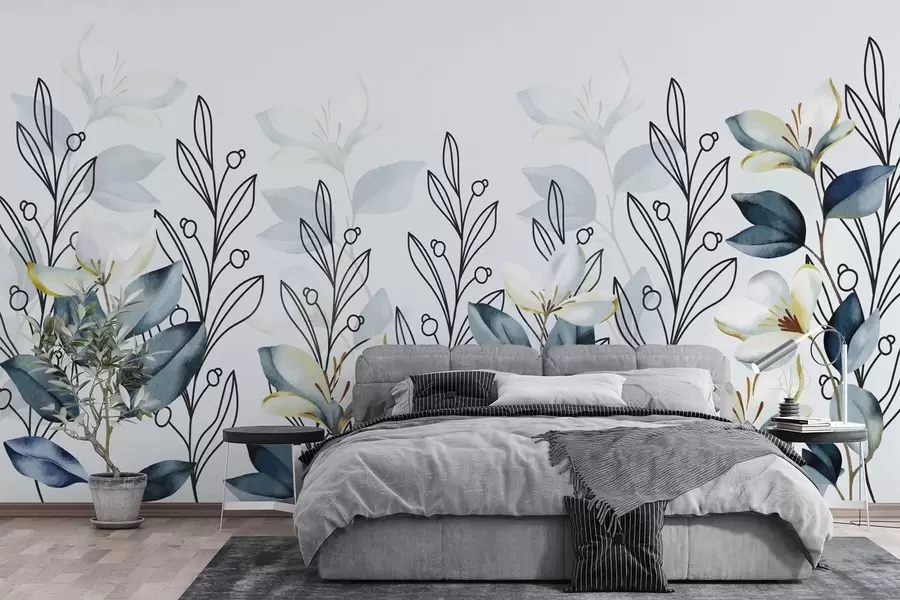 wall murals Painted twigs and branches with white flowers w03710
