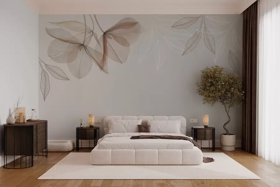 wall murals delicate translucent flowers and leaves in mocha tones w03616v3