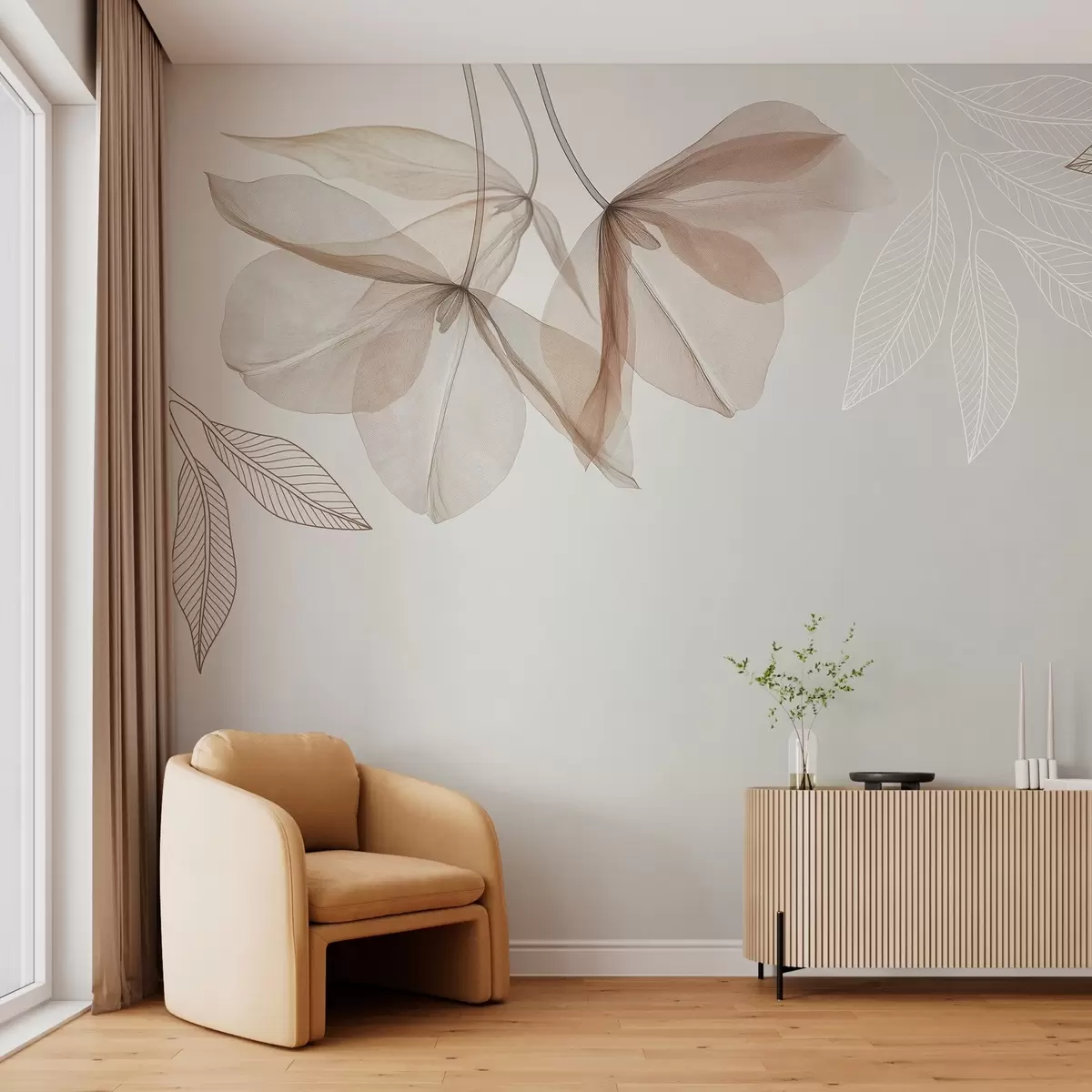 wall murals delicate translucent flowers and leaves in mocha tones w03616v3