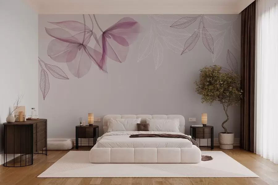 wall murals delicate translucent flowers and leaves in purple tones w03616v4
