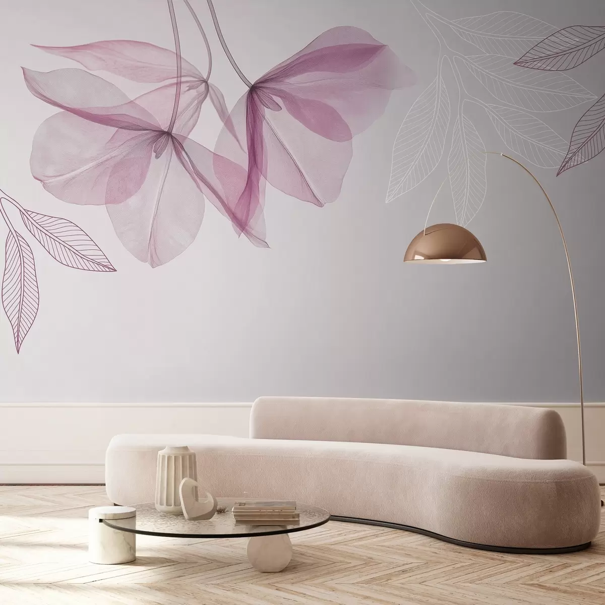 wall murals delicate translucent flowers and leaves in purple tones w03616v4