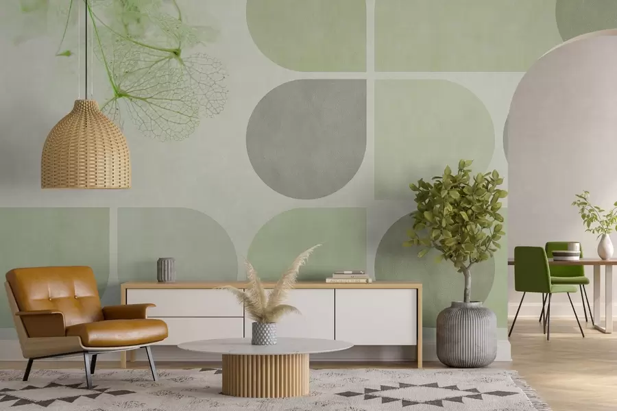 wall murals geometry and dried flowers with veins in green tones w03617v1