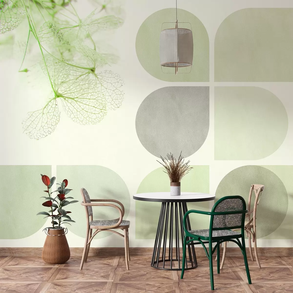 wall murals geometry and dried flowers with veins in green tones w03617v1