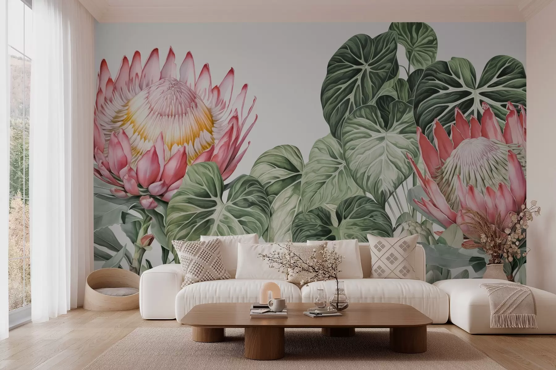 wall murals Protea in tropical leaves w03678