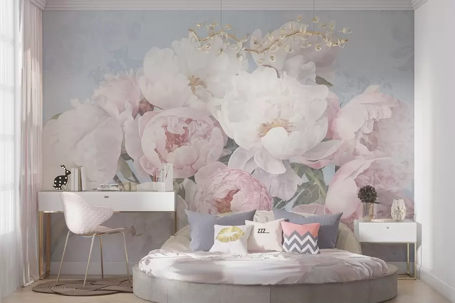 wall murals Textured abstract pink and white peonies with green leaves, light blue background, soft and delicate colors, vintage style w09008