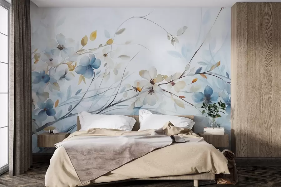 wall murals Floral arrangement with blue, orange leaves and white flowers, delicate petals, thin branches, soft colors, watercolor effect w09009