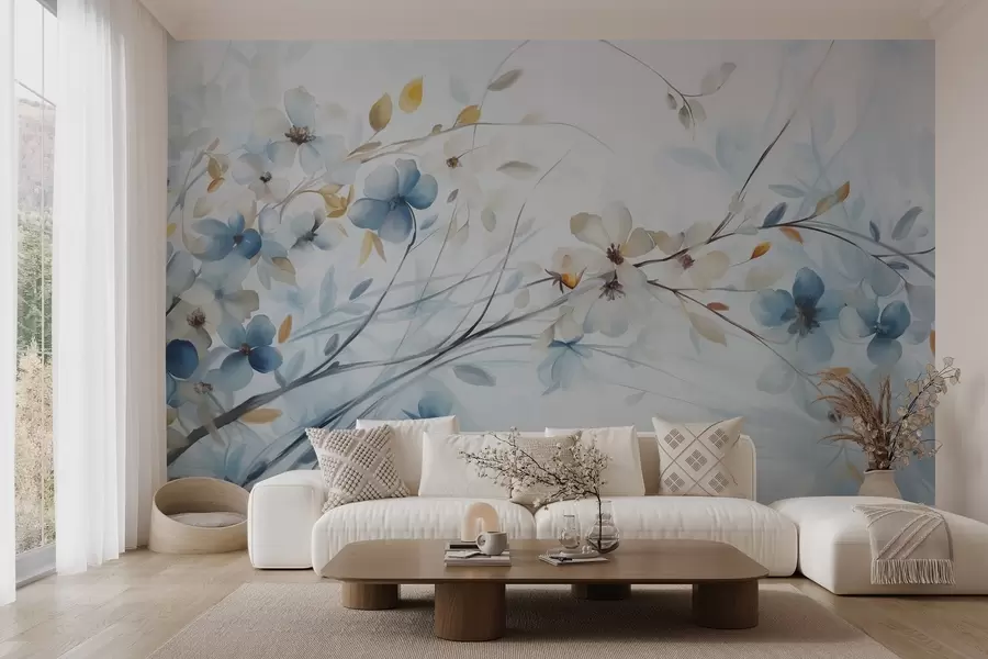 wall murals Floral arrangement with blue, orange leaves and white flowers, delicate petals, thin branches, soft colors, watercolor effect w09009