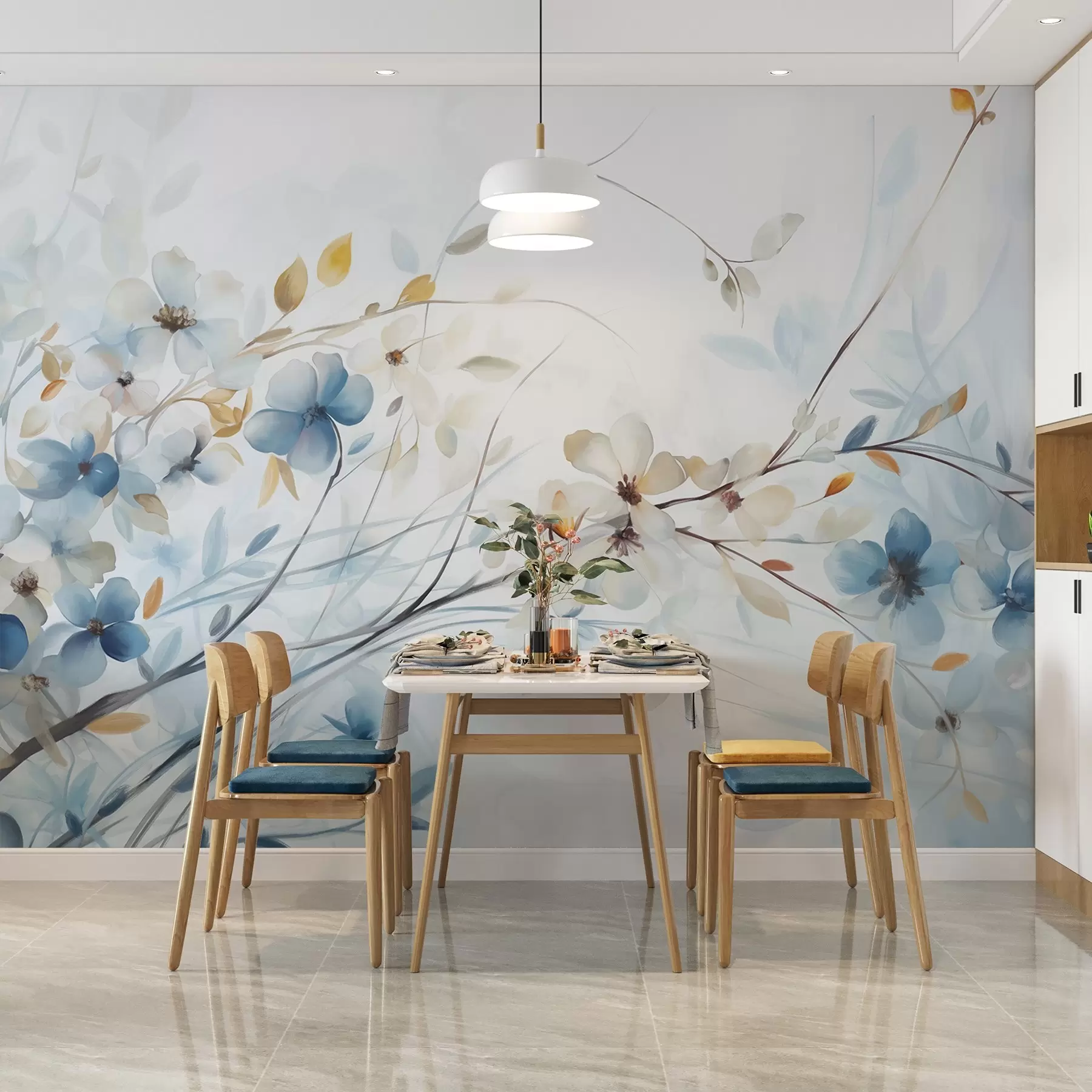 wall murals Floral arrangement with blue, orange leaves and white flowers, delicate petals, thin branches, soft colors, watercolor effect w09009
