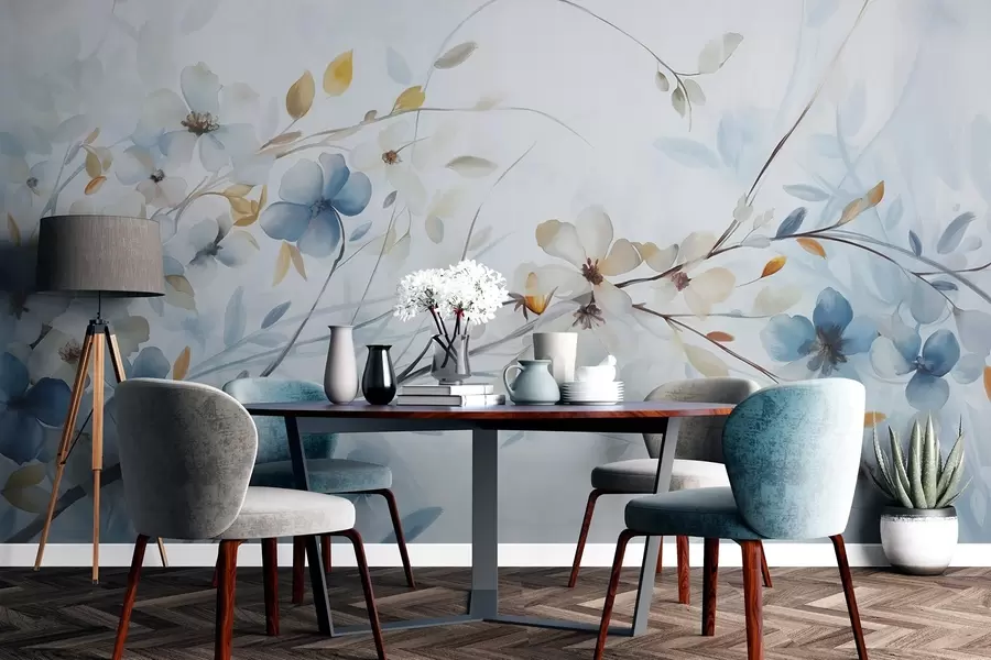 wall murals Floral arrangement with blue, orange leaves and white flowers, delicate petals, thin branches, soft colors, watercolor effect w09009