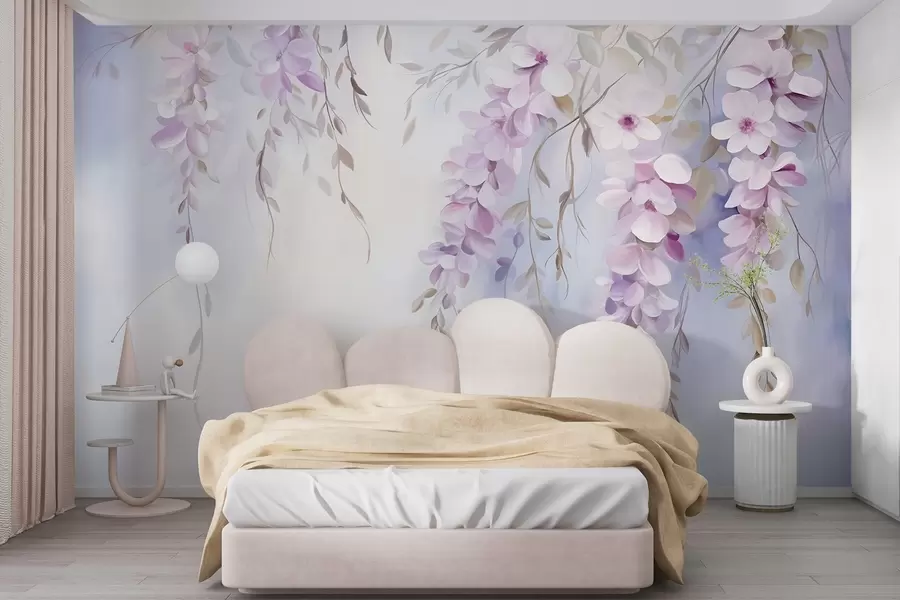 wall murals Wisteria flowers with lilac petals and green leaves hanging from branches, soft pastel colors, pastel colored background w09010