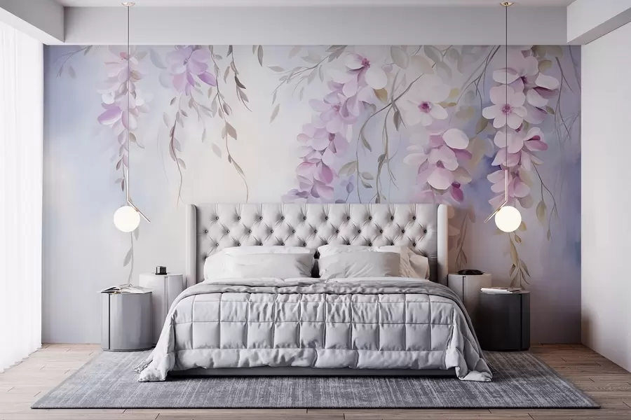 wall murals Wisteria flowers with lilac petals and green leaves hanging from branches, soft pastel colors, pastel colored background w09010