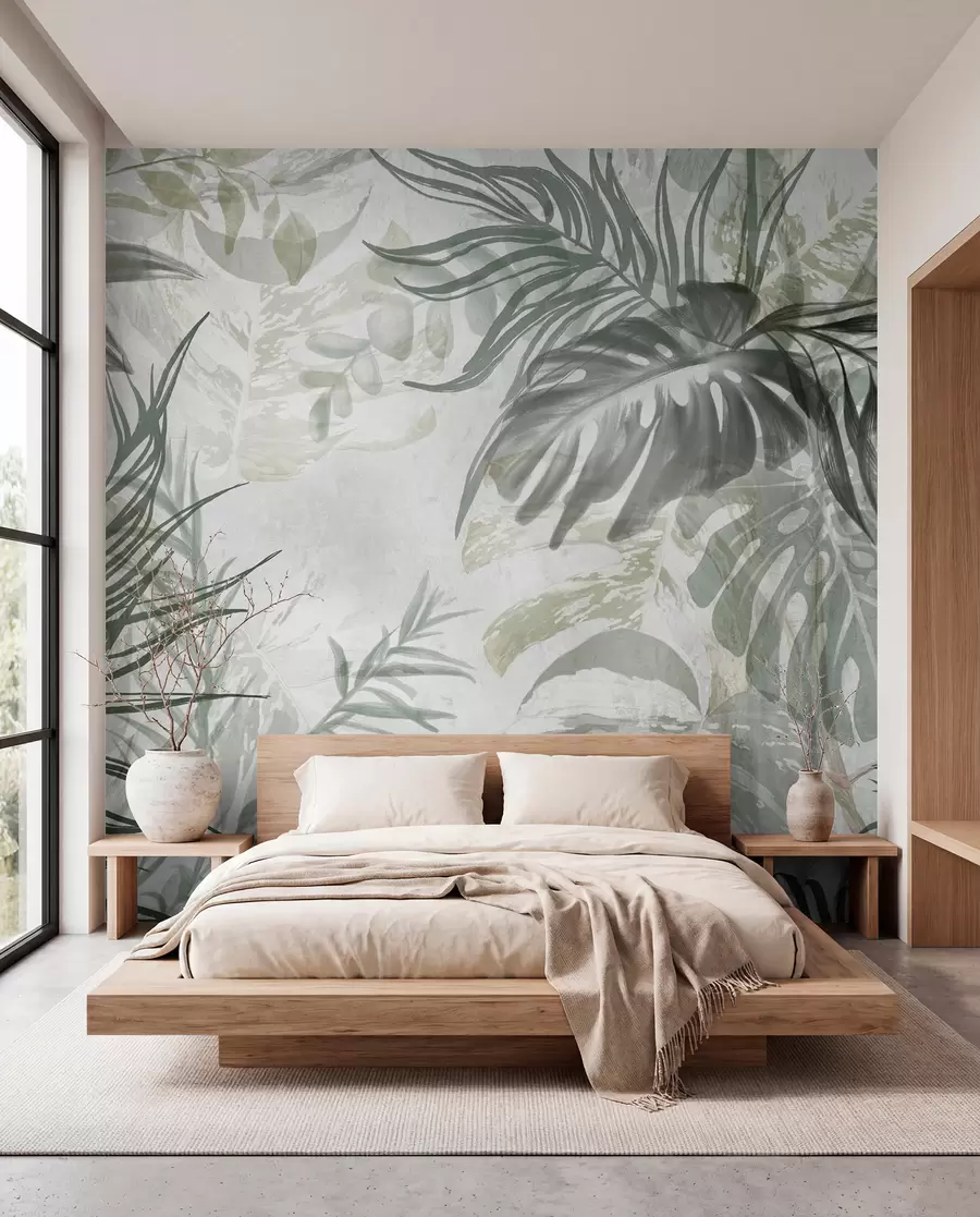 wall murals Monstera and palm leaves in shades of green and gray, botanical, tropical foliage, jungle plants, textured background w09011