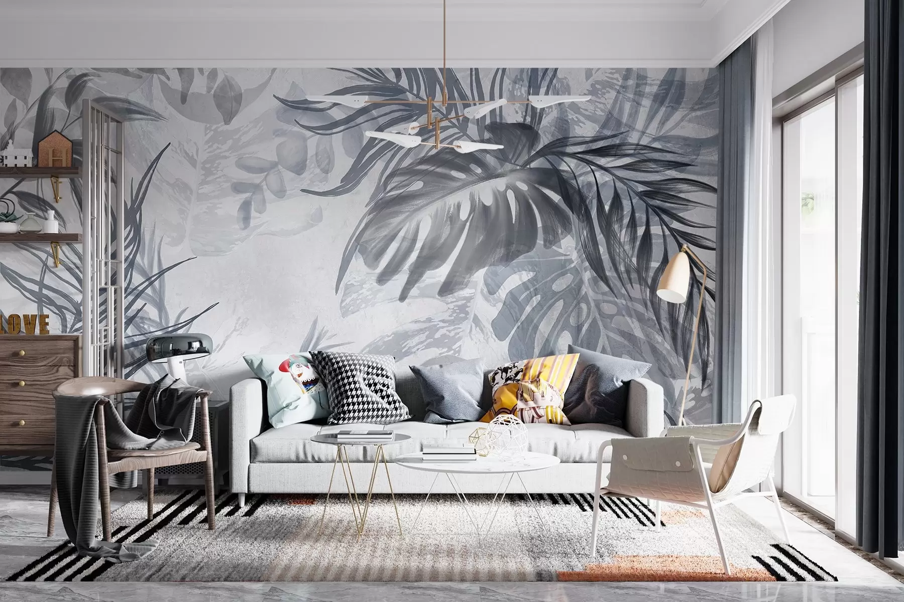 wall murals Monstera and palm leaves in shades of blue and gray, botanical, tropical foliage, jungle plants, textured background w09011v1