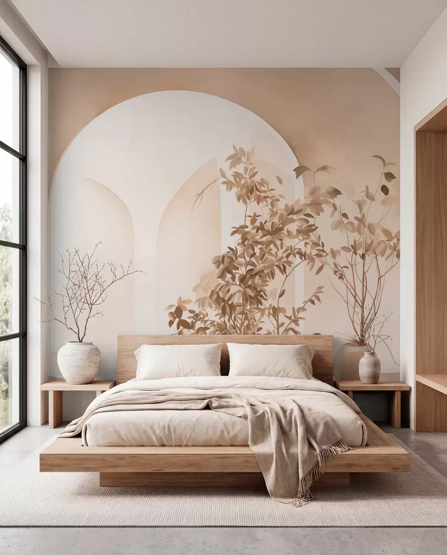 wall murals Plants in pots with beige tones in front of abstract arches, minimalist style, elegant and clean, neutral background w09013