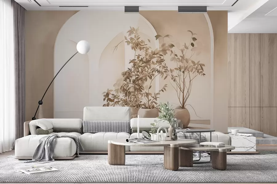 wall murals Plants in pots with beige tones in front of abstract arches, minimalist style, elegant and clean, neutral background w09013
