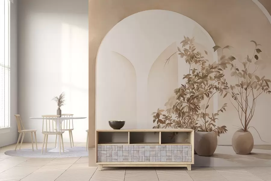 wall murals Plants in pots with beige tones in front of abstract arches, minimalist style, elegant and clean, neutral background w09013